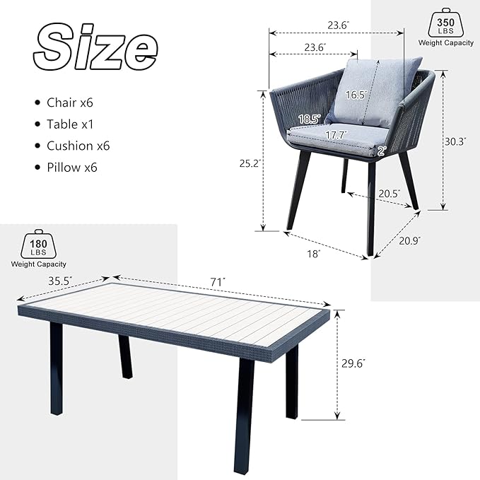 Indoor Outdoor Patio Dining Set - 7 Pieces All in One Patio Wicker Furniture Set, Table and Chairs Set with Cushions and Pillows, 6 Aluminum Frame Chairs and 1 Rectangle Table