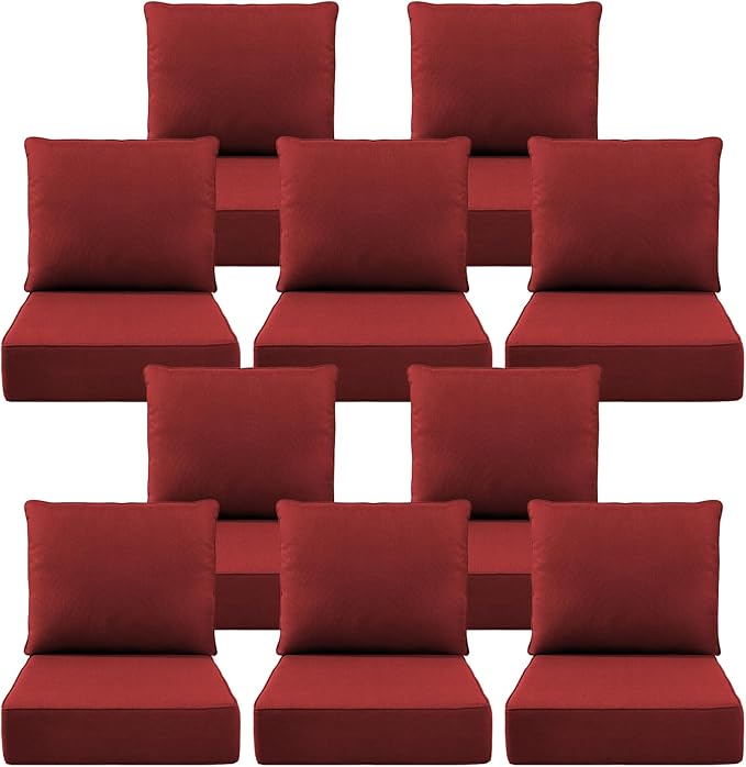 Luxury 6" Outdoor Cushions for Patio Furniture, 24x24x6 Thick Seat Cushion Set of 10, Fade Resistant Couch Chair Replacement Cushions High Density Deep Wicker Chair Cushion w/Removable Cover, Red