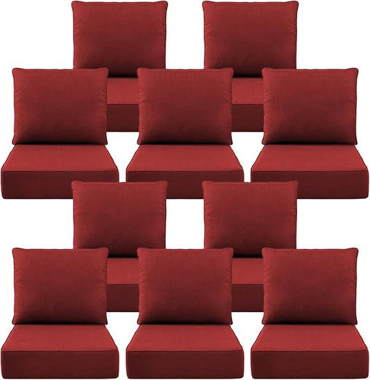 Luxury 6" Outdoor Cushions for Patio Furniture, 24x24x6 Thick Seat Cushion Set of 10, Fade Resistant Couch Chair Replacement Cushions High Density Deep Wicker Chair Cushion w/Removable Cover, Red