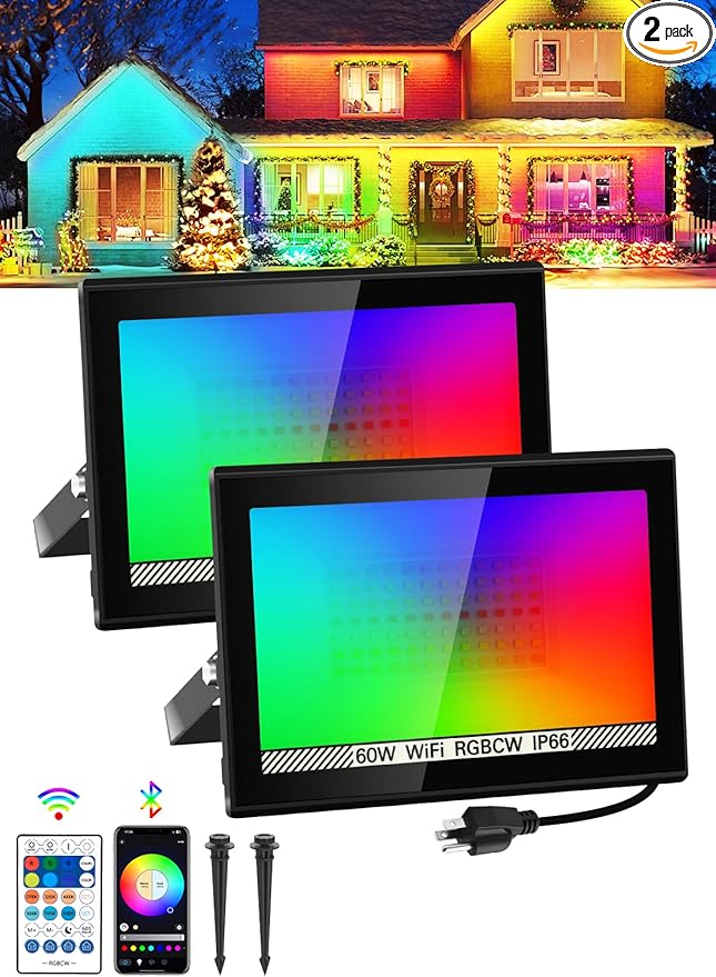 T-SUN RGB Flood Lights Outdoor, 600W Equivalent Color Changing Landscape LED Light with APP Control, Waterproof Floodlight with 16 Million Colors, Timing, Music Sync (RGB-APP Control, 60W-2Pack)