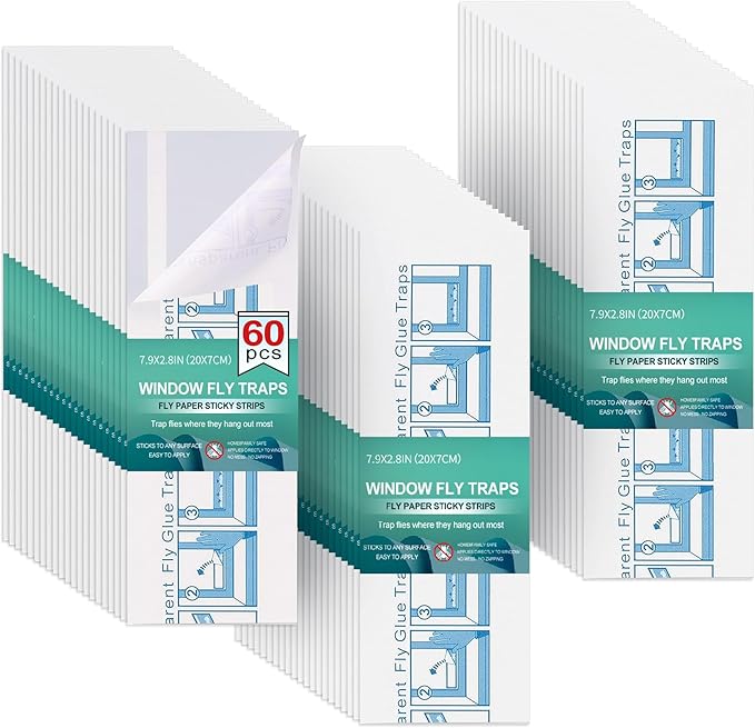 60 Pcs Window Fly Traps for Indoor/Outdoor, Insect, Bugs, Fly & Fruit Fly Glue Sticky Adhesive Insect Killer - Easy to Use, Waterproof, Disposable, Non-Toxic, and Odorless, Economic Pack