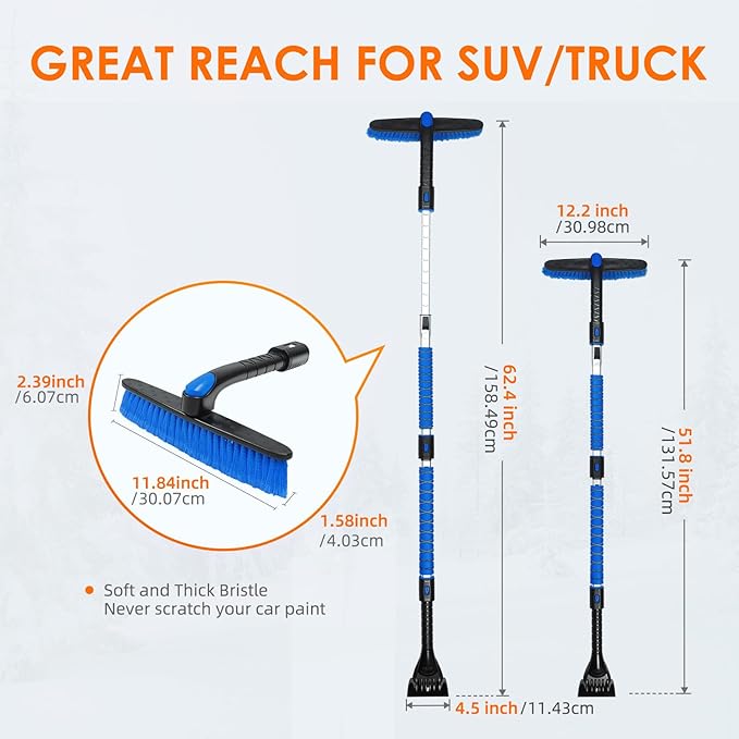 AstroAI 62.4" Ice Scrapers for Car Windshield and Extendable Snow Scraper with Foam Grip and 360° Pivoting Brush Head for Christmas Car Auto Truck SUV(Blue)