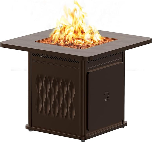 EAST OAK 32" Outdoor Propane Fire Pit Table | 50,000 BTU Gas Fire Pit Table for Outside with Magnetic Lid | Storage Basket & Lava Rocks | CSA Certified for Patio, Garden & Backyard | Brown