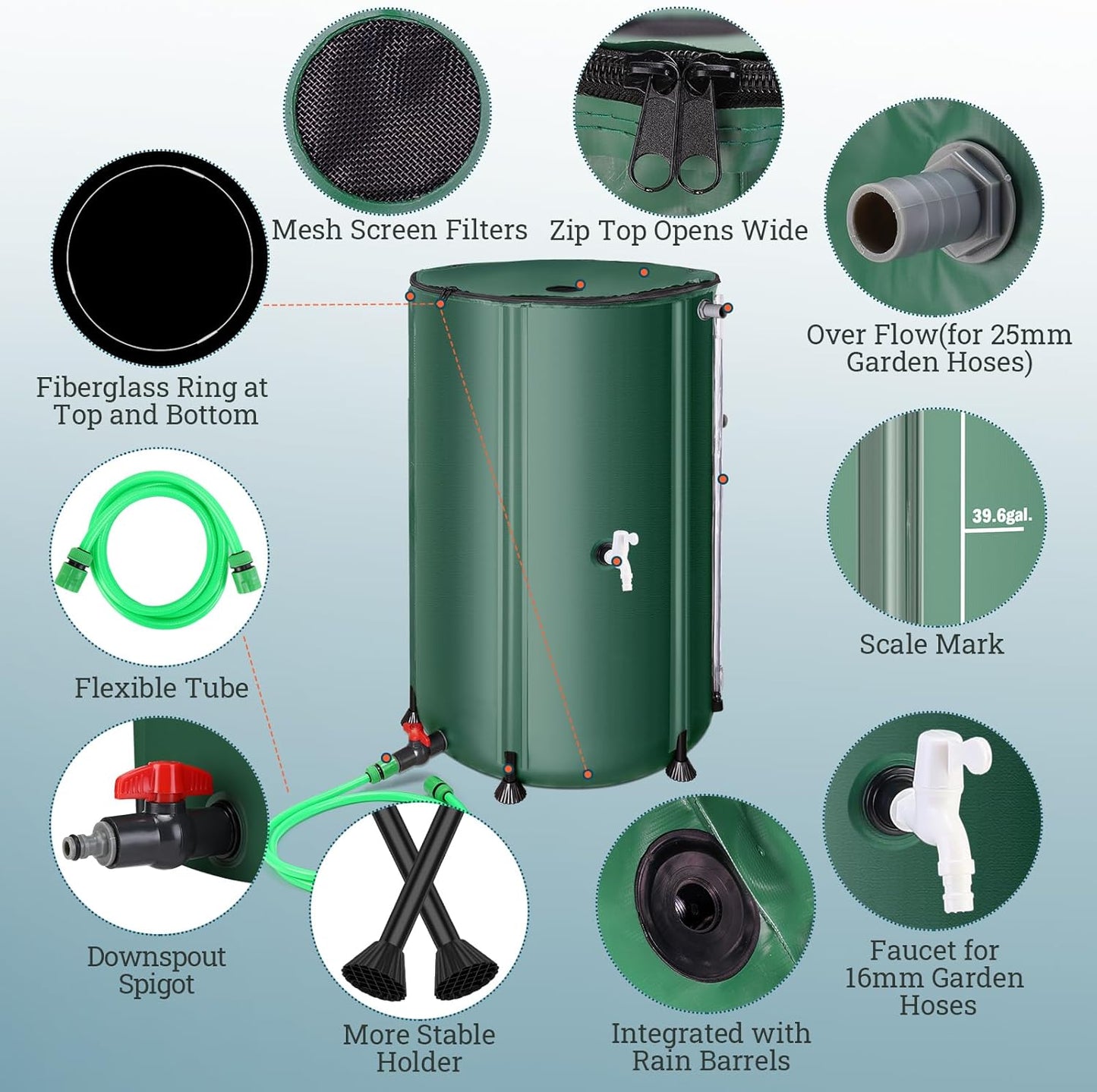 100 Gallon Collapsible Rain Barrel, SKM Portable Rain Water Collection Barrel for Garden/Outside/Lawn, PVC Rainwater Collection System Water Tank Storage Container with Spigots & Overflow Kit, Green