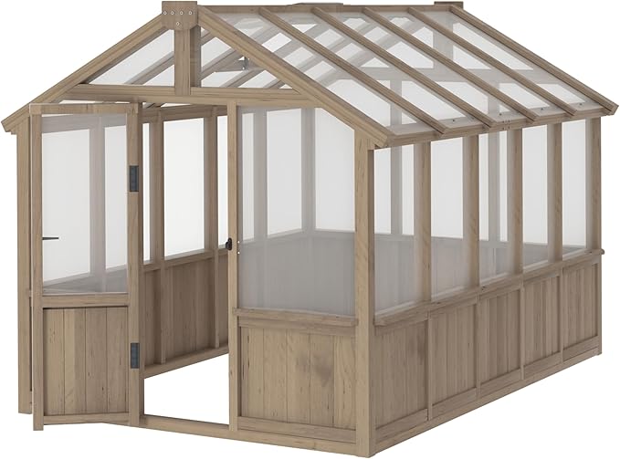 VEIKOU 6' x10' Wood Greenhouse for Outdoors with Lockable Door, Cedar Frame & Adjustable Vent, Wooden Green House with 6MM Thick Polycarbonate Panel for Garden, Yard, Light Brown Mocha