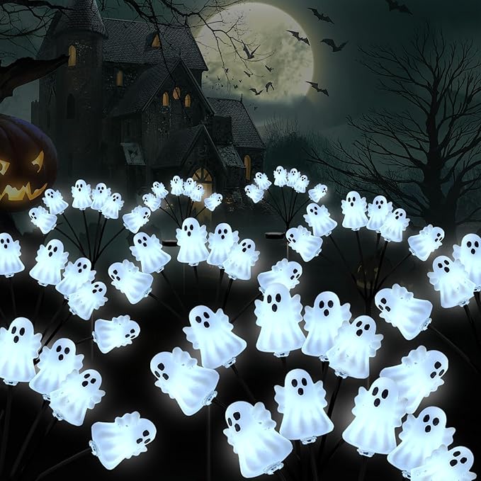 Set of 3 Halloween Ghost Lights Outdoor Solar Pathway Lights with 18 Cool White LEDs for Garden Yard Lawn Patio Decorations
