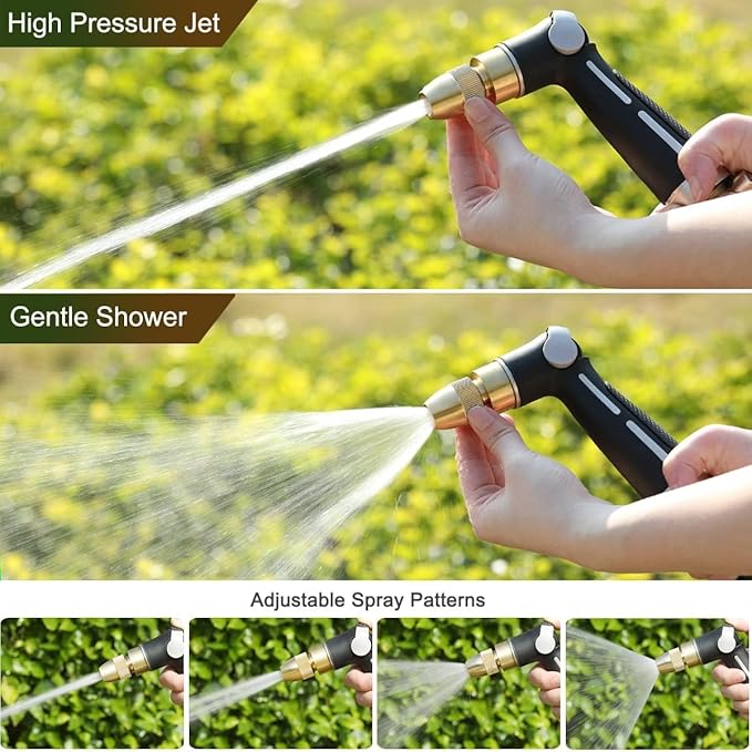 FANHAO Garden Hose Nozzle with High Pressure Jet, 100% Heavy Duty Metal Water Hose Sprayer, Thumb Flow Control, On Off Valve, Adjustable Spray Patterns for Garden Watering, Car and Pet Washing