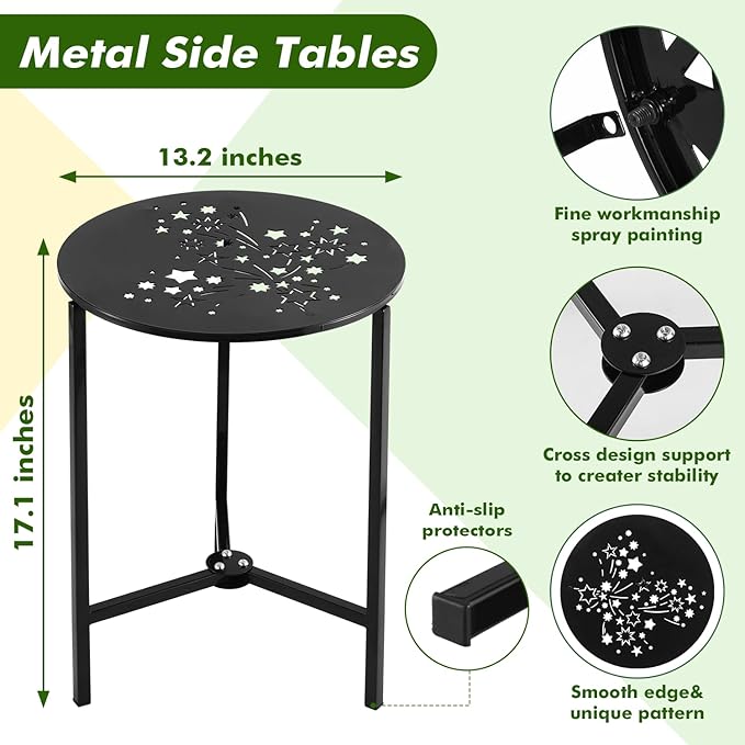 2 Packs 13" Metal Outdoor Side Tables Small Black Outside End Table for Patio Round Accent Corner Stand for Small Spaces Weather-Resistant Coffee Table for Balcony Porch Plant Stand, Starlight