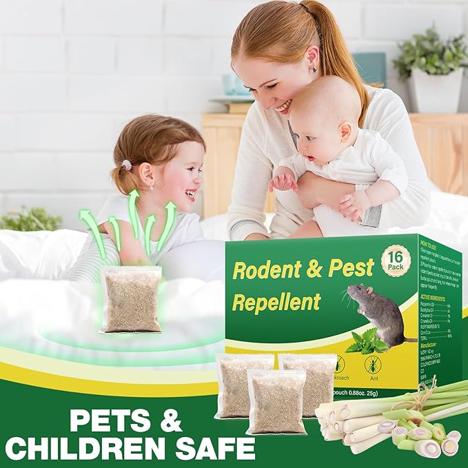 Rodent Repellent, 16 Pack Natural Mouse Repellent Pouches - Peppermint Oil to Repel Rodents Rats Squirrel, Outdoor Indoor Mice Repellent for House Garage Basement RV Car