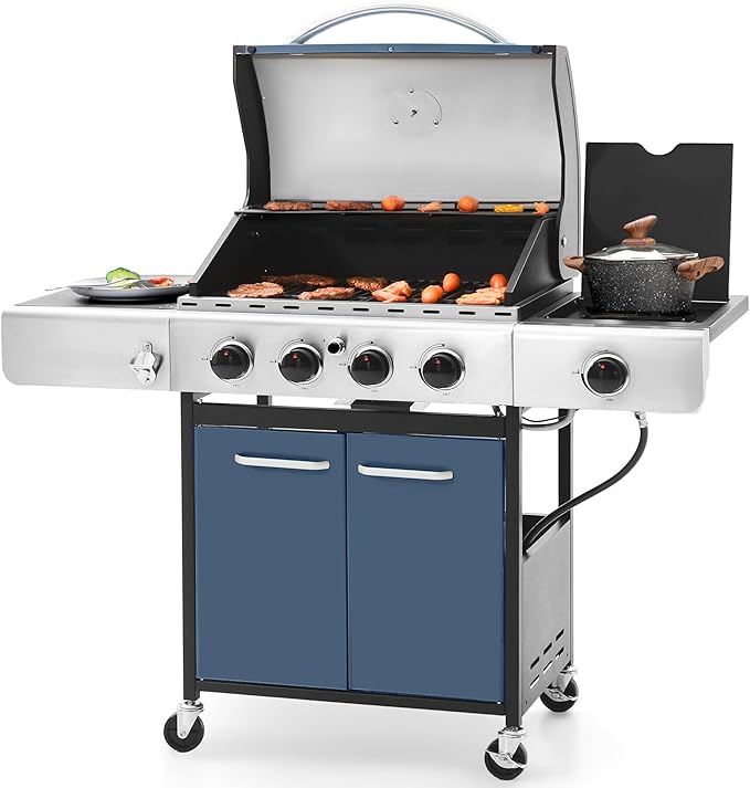 Sophia & William 4-Burner Gas BBQ Grill with Side Burner and Porcelain-Enameled Cast Iron Grates, 42,000BTU Propane Grills Outdoor Cooking Barbecue Cabinet Style, Blue