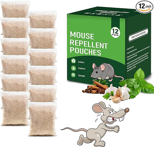 12 Pack Mouse Repellent Pouches - Natural Peppermint Oil, Long-Lasting Rodent Deterrent - Safe for Pets & Family, ice Repellent Indoor/Outdoor Use in Garage, Car & Garden