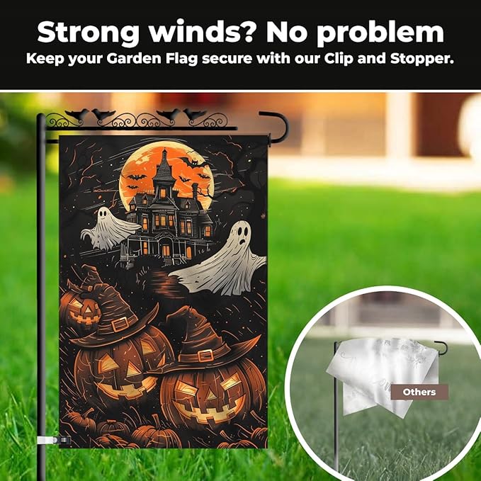 Halloween Garden Flag 12x18 Double Sided – Haunted House with Ghosts & Pumpkin, Halloween Yard Flag for Outside, Durable Fall Outdoor Flag, Weatherproof