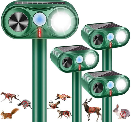 4Pack Solar Ultrasonic Animal Repellent,2025 Waterproof Deer Repellent Device with LED Flashing Lights,Cat Repellent Outdoor with Motion Detection Squirrel Skunk Rabbit Dog Raccoon Repeller for Yard