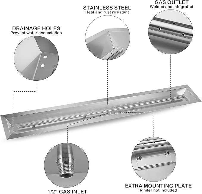 Stanbroil 72 by 6-Inch Linear Gas Fire Pit Burner, Stainless Steel Fire Pit Pan, Natural & Propane Gas Firepit for Outside DIY Firepit, BTU 175,000 Max