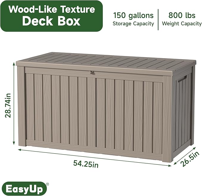 150 Gallon Outdoor Storage Box Waterproof, UV Resistant Resin Deck Box with Hydraulic Rod, Reinforced Stability for Patio, Garden, and Pool, Striped Gray