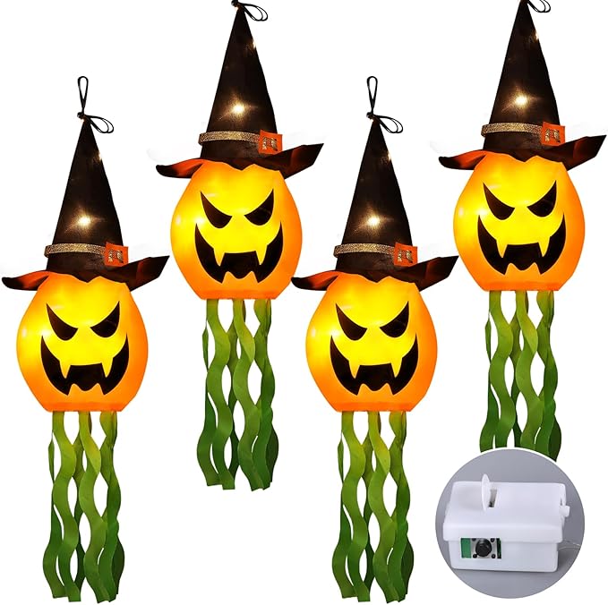 Halloween Decorations Outdoor Decor Hanging Lighted Glowing Pumpkin Witch Hat with 3 Modes Lighted Up Scary Orange Halloween Decorations for Indoor Outside Party Yard Tree Garden (4Pcs)