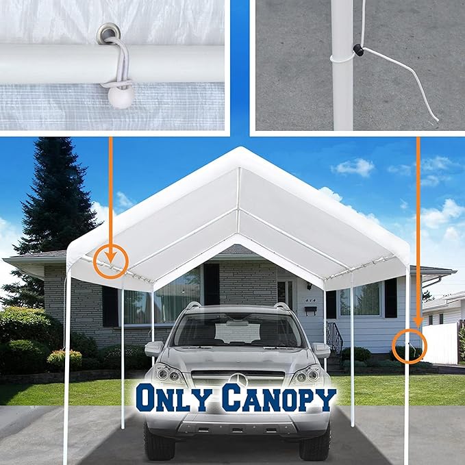 Rutile 12'x20' Carport Replacement Top Canopy Cover for Car Garage Shelter Tent Party Tent with Ball Bungees White (Only Top Cover, Frame is not Included)