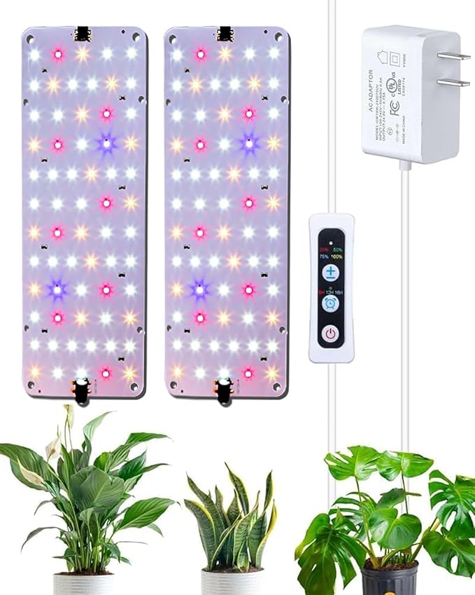 DOMMIA Grow Light, 20W Ultra-Thin Panel Grow Lights for Indoor Plants, High PPFD Full Spectrum, Dimmable, 6/12/16H Timer Auto on/Off, Suitable for Indoor Growing, Pinkish White 2-Pack