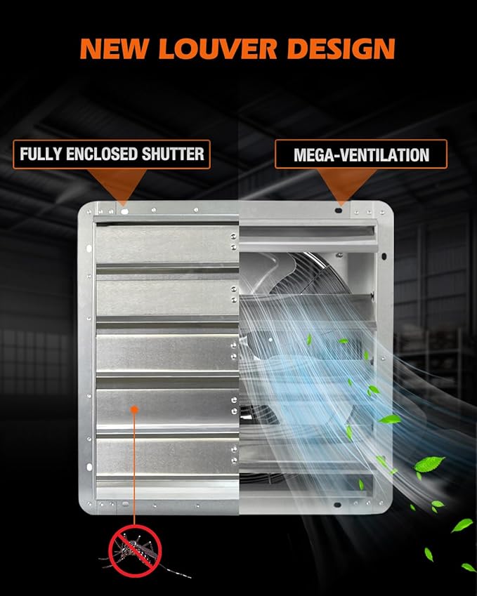 JVO 18 Inch Shutter Exhaust Fan - 2600 CFM High Velocity Wall Mounted Ventilator, 1.8m Power Cord, Auto Shutters - for Garage, Attic, Greenhouse, Shed, Shop, Workshop & Industrial Ventilation