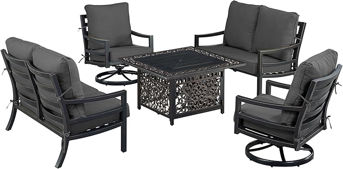 Oakland Living Black Aluminum Patio Fire Table Set with Two Deep Seating Loveseat with Cushions and Two Club Chairs with Black Cushions