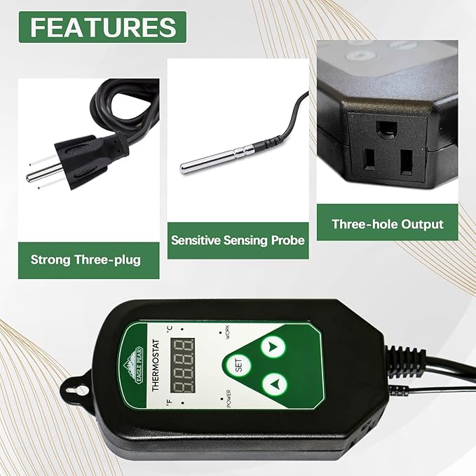 EAGLE PEAK Digital Heat Mat Thermostat Controller 42–108 °F for Heat Mat, Greenhouse, Heater Fan, Seedling, Germination, Fermentation and Reptiles, 15A/1800W