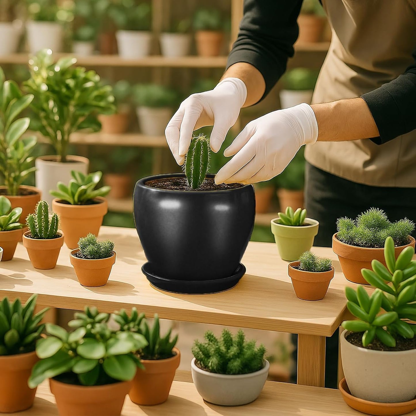 6 Inch Plant Pot - Ceramic Planter with Drainage Hole and Trays, Modern Round Flower Pot, Planters for Indoor Outdoor Plants, Home Garden Decor, Black