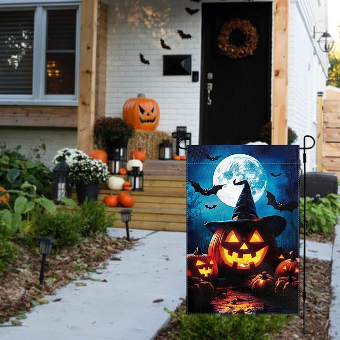 Halloween Garden Flag 12 x 18 Inch Double Sided Pumpkin Bat Moon Designs Welcome Fall Autumn Burlap Yard Flag for Outside Rustic Yard Outdoor Holiday Home Decoration