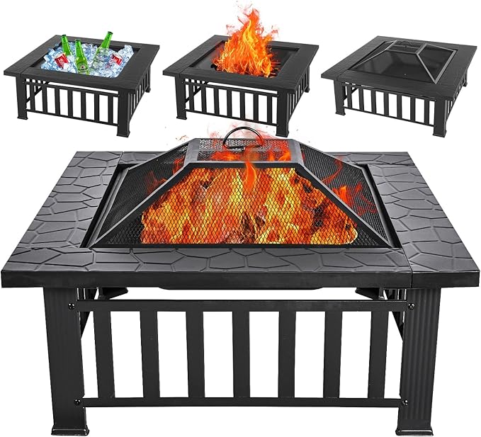 Multifunctional Fire Pit Table 32 inch Square Metal Firepit Stove Backyard Patio Garden Fireplace for Camping, Outdoor Heating, Bonfire and Picnic