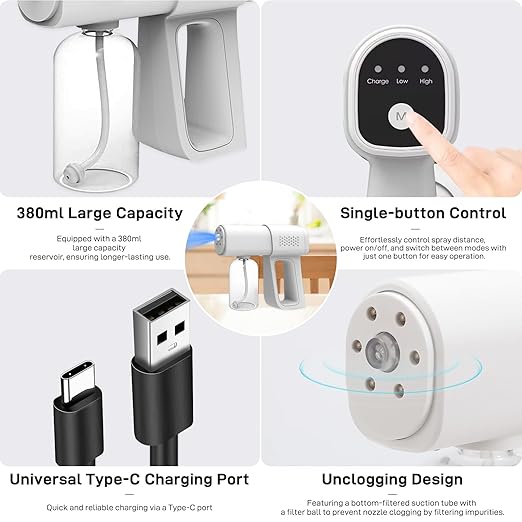 Professional Disinfectant Fogger Machine, 380ml Wireless Nano Sprayer Gun Handheld Sanitizer Fogger, Blue Light Foggers for Touchless Sanitization (White)