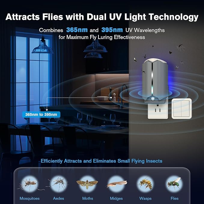 2 Flying Insect Traps & 2 Refill Glue, Fly Trap Indoor, Gnat and Fruit Fly Catcher for House, Mosquitoes, Moths & More, UV Blue Light, Safe & Mess-Free