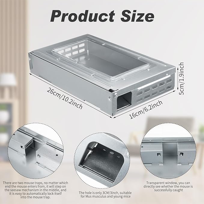 Qualirey 2 Pack Multi Catch Mice Trap Clear Top Humanized Mouse Trap Rodent for Indoor Outdoor Rat Control Pet and Security (Silver Color)