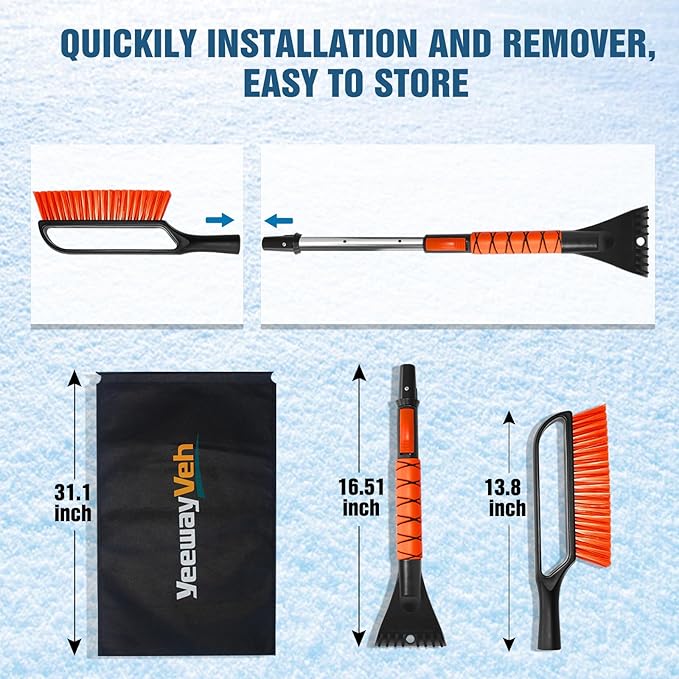 YeewayVeh 35 inch Ice Scrapers for Car Windshield, Extendable Snow Brush for Car with Foam Grip & Additional Handhold, 2 in 1 Detachable & Scratch-Free Snow Scraper for Car Truck SUV, Orange