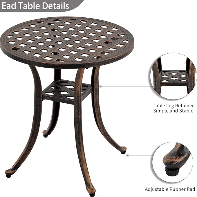 Outdoor 19" Cast Aluminum Round Side Table End Table for Patio, Backyard, Pool, Indoor Companion, Easy Maintenance and Weather Resistant, Bronze