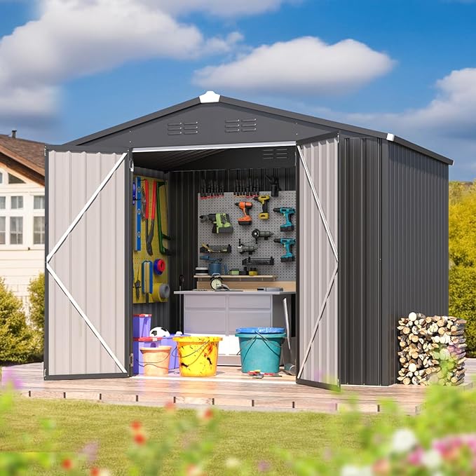AECOJOY Shed 8' x 6' Metal Storage Shed for Outdoor, Dark Grey Steel Backyard Shed (53 Sq.Ft Land) with Design of Lockable Doors, Utility and Tool Storage for Garden, Backyard, Patio, Outside use