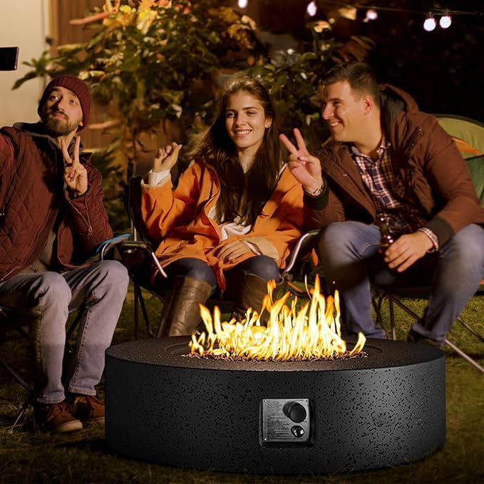 COSIEST 42 inch Outdoor Propane Fire Pit Coffee Table w Concrete Round Base Patio Heater, CSA Certified, 50,000 BTU Stainless Steel Burner, Free Lava Rocks, Rain Cover, Tank Cover, Gray