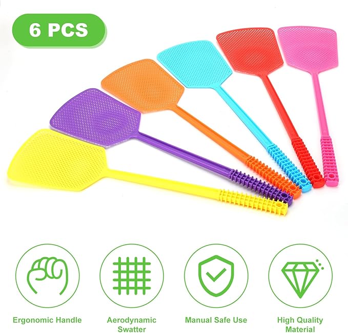 Fly Swatter,Plastic Flyswatters Multi-Pack,6 Bulk Vibrant Colorful Fly Killer,Long Handle Bug Swatter for Indoor and Outdoor