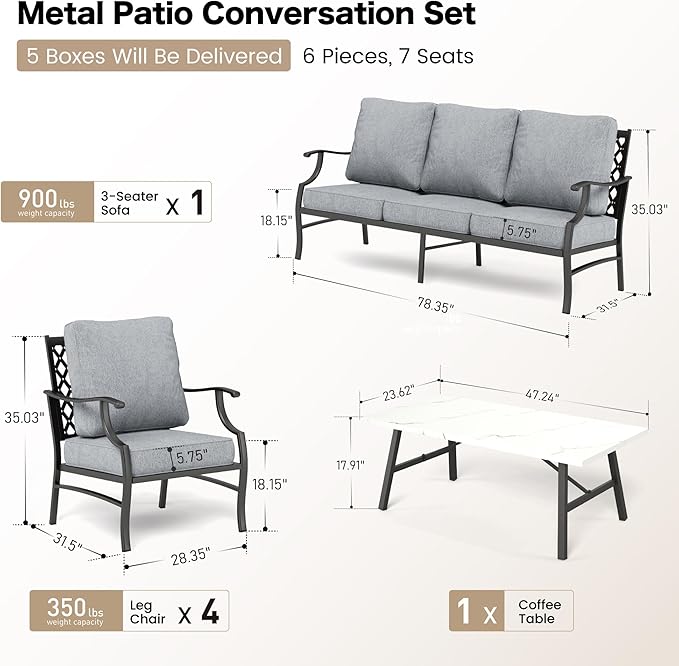 6 Piece Metal Outdoor Patio Furniture Set, Patio Conversation Sets 1 3-Seater Sofa, 4 Fixed Chairs with 5.75" Thick Cushion and Coffee Table, Backyard Furniture Set for Deck, Gray