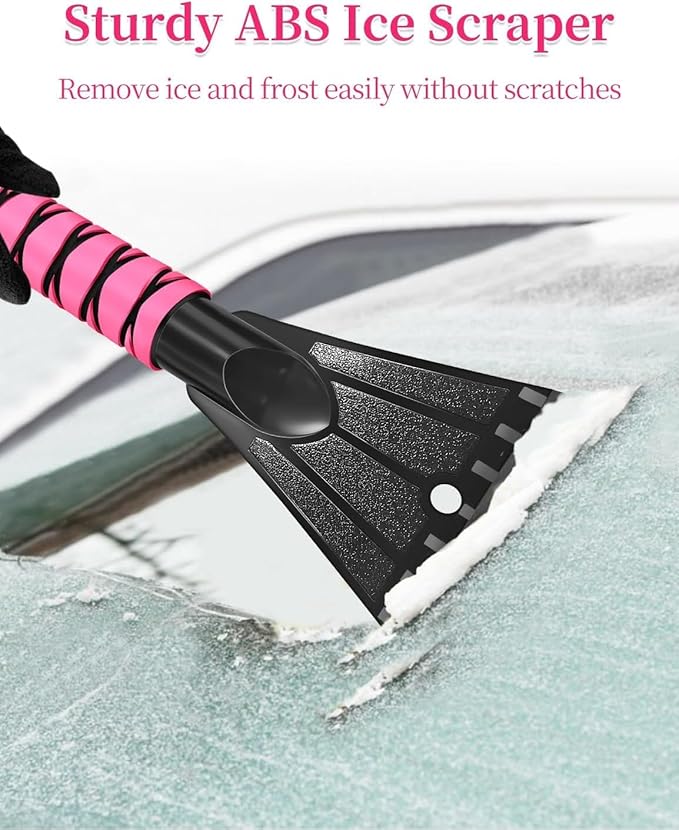HEEYA 42.5 Inch Car Scraper Snow Brush, 12.6 Inch Large Brush Head with Ice Scraper for Window Windshield, Portable Snow Scraper for SUV Truck Vehicle Jeep RV Auto - Pink