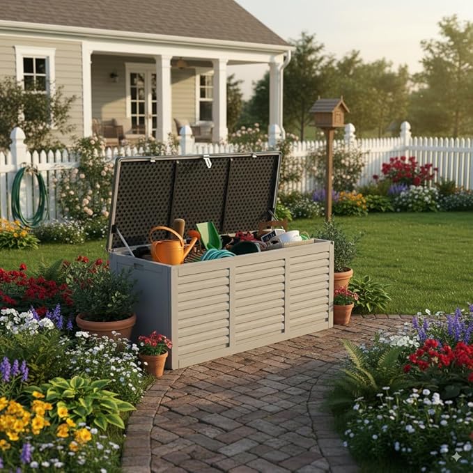 Resin Deck Box, 130 Gallon Outdoor Storage Box with Lockable Lid, Waterproof Patio Storage for Garden Tools & Outdoor Accessories (Dark Black) (Light Gray)