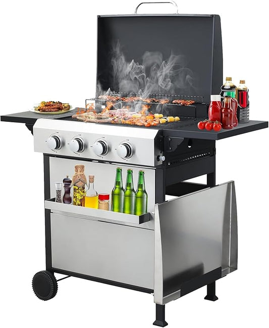 4-Burner Propane Gas BBQ Grill with Plate, 49200 BTU 2 in 1 Propane Griddle Grill Combo with 2 Foldable Side Table for Outdoor Cooking Camping Patio Backyard (4 burner +griddle)