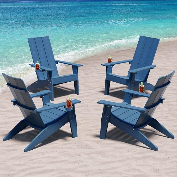 MXIMU Modern Adirondack Chairs Set of 4 Weather Resistant with Cup Holder Oversize Plastic Fire Pit Chairs Plastic Outdoor Chairs for Firepit Area Seating (Navy)