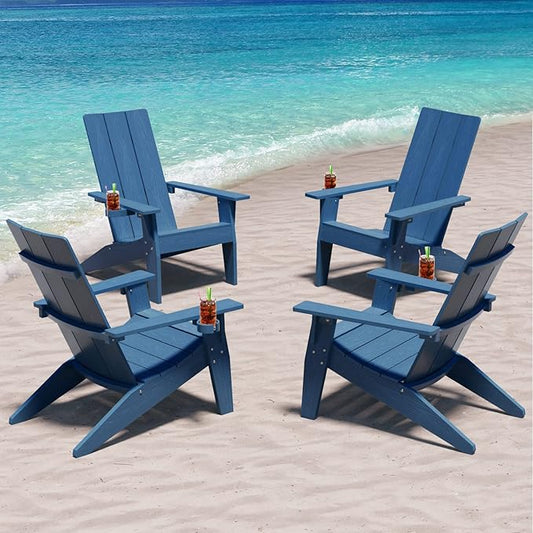 MXIMU Modern Adirondack Chairs Set of 4 Weather Resistant with Cup Holder Oversize Plastic Fire Pit Chairs Plastic Outdoor Chairs for Firepit Area Seating (Navy)