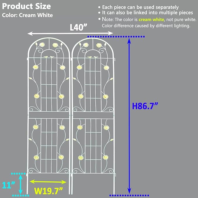 2 Pack Metal Garden Trellis 86.7" H Garden Fence Rustproof Trellis Cream White for Climbing Plants Support Roses Flower Cucumber Outdoor Lawn, Cream White