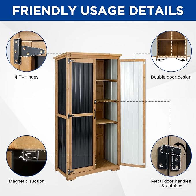 Outdoor Storage Cabinet Wood & Metal with Waterproof Roof, Garden Tool Shed with 3 Removable Shelves, 4 adjustable reinforced feet with metal brackets, 6 T-Hinge, magnetic door,15.6"D x 32.3"W x 66"H