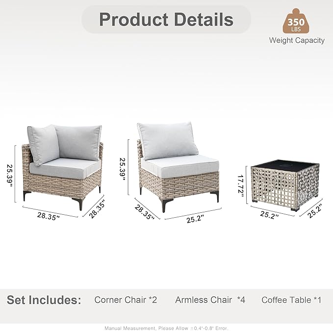 HOOOWOOO Outdoor Patio Furniture Set,7 Pieces Wicker Out Door Sectional Furniture L Shaped Couch,Outside Patio Conversation Sets with LED Table,Light Gray