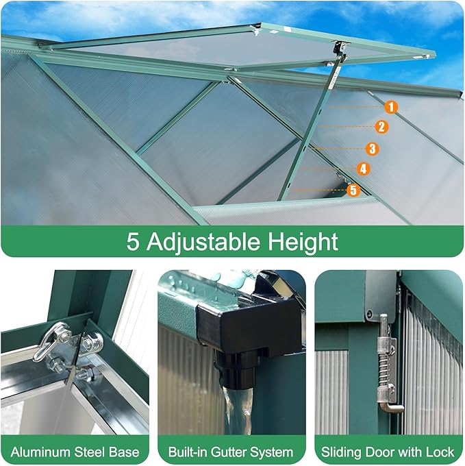 Polycarbonate Greenhouse Kit, 10x6 FT Heavy Duty Outdoors Durable Green House with Double Vent Window Lockable Door, Twin-Wall Panels, Walk in Green Houses for Backyard Outside Garden