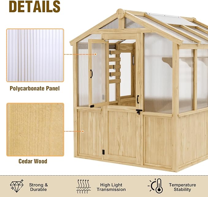 EAGLE PEAK 6.7x7.8x7.7 ft Wood and Polycarbonate Walk-in Greenhouse, Cedar Hobby Green House with Roof Vent, Natural