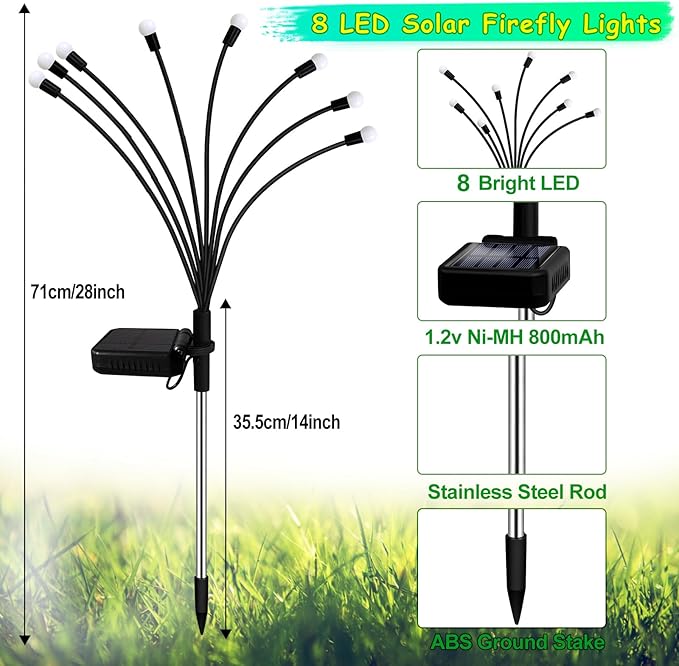 Kohlrabi Solar Garden Lights Outdoor, 10 Pack 80 LED Warm White Firefly Lights Waterproof, Sway by Wind, Solar Wind Swaying Light for Yard Patio Backyard Garden Flower Bed Pathway Decoration