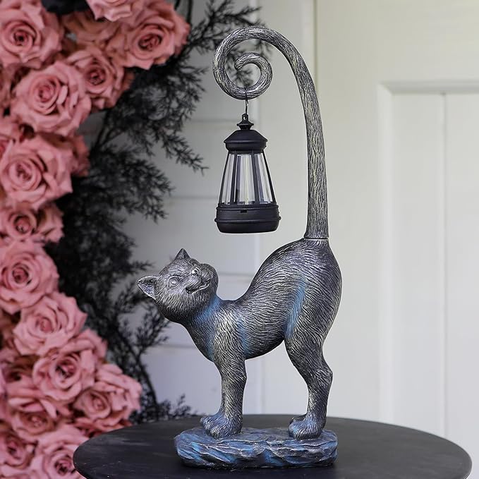 Halloween Decorations Outdoor Cat Garden Statues with Solar Lights, Fall Home Decor Cat Figurines for Lawn,Patio,Balcony,Porch,Yard Art Ornament- Birthday Gifts for Women Grandma Sister