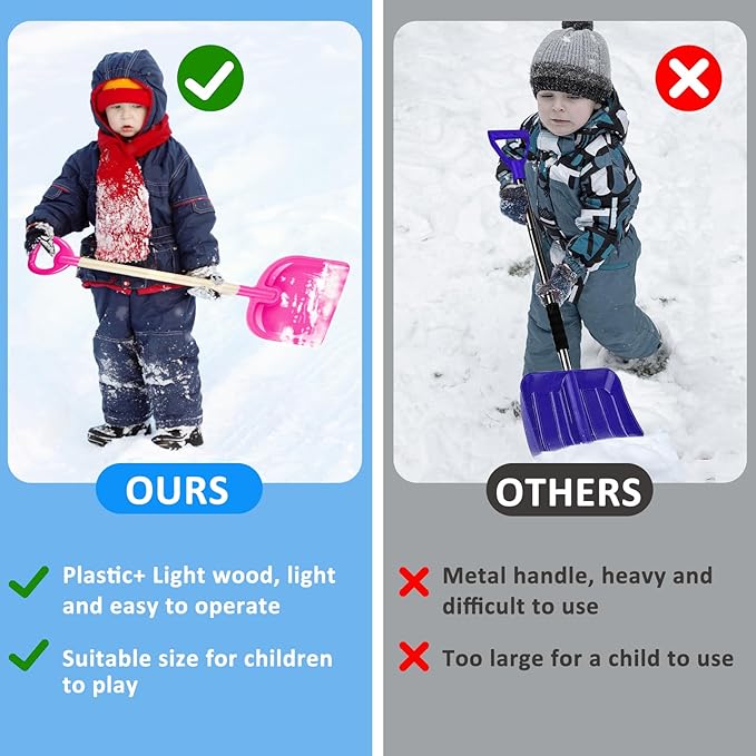 1PCS Kids Snow Shovel, 22"-32" H Detachable Wooden Childs Snow Shovel with Plastic D-Grip Handle and Scoop Winter Children Shovel Pink Toddler Shovels Outdoor Play Snow Gift for Boy Girl Snow Removal